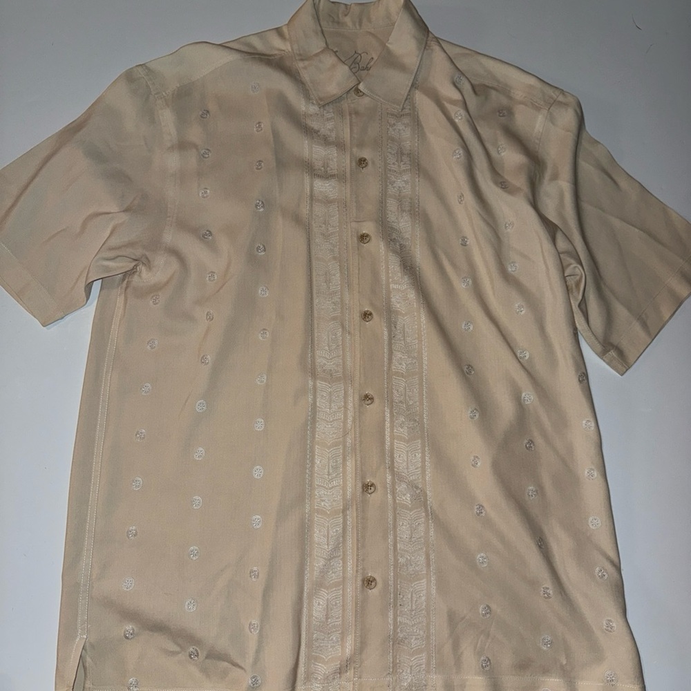 Tommy Bahama Beige Hawaiian Button Down 100% Silk Shirt Mens Size Large